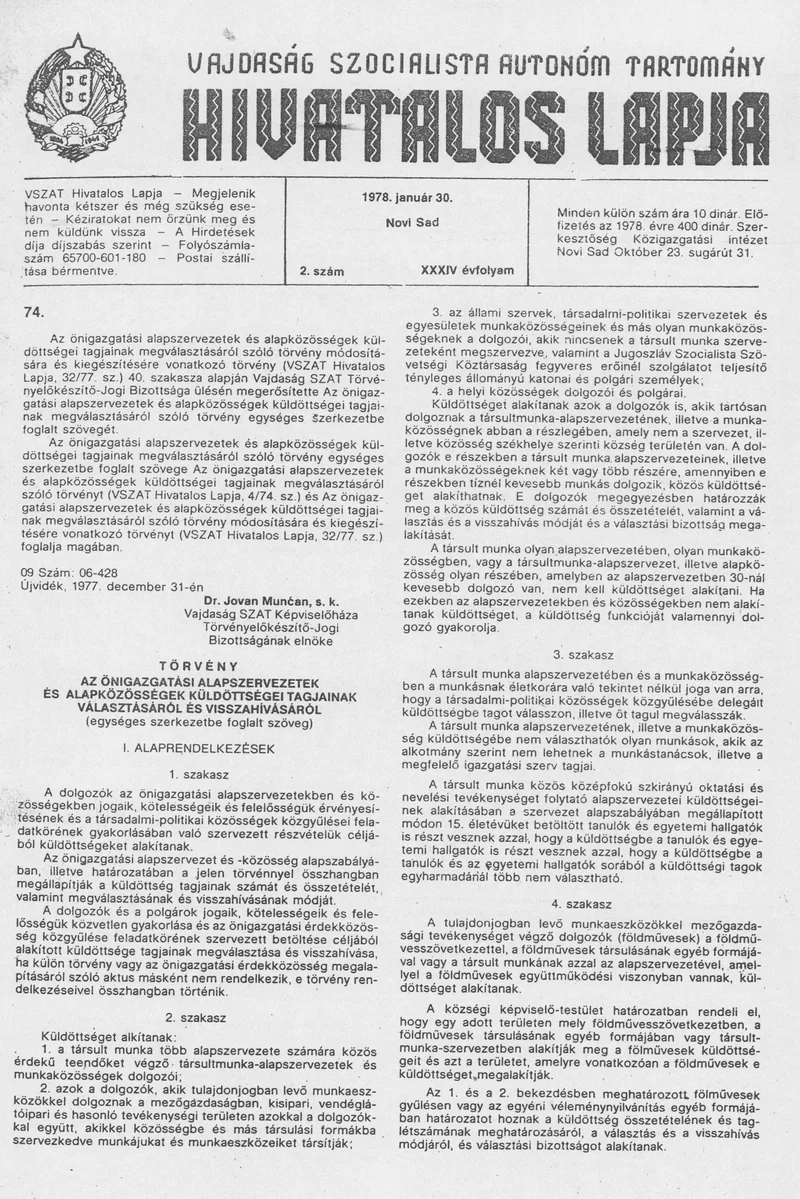 Vajdaság Szocialista Autonóm Tartomány Hivatalos Lapja, 34. évf. 1978. január 30. 2. sz. 69–88. oldal