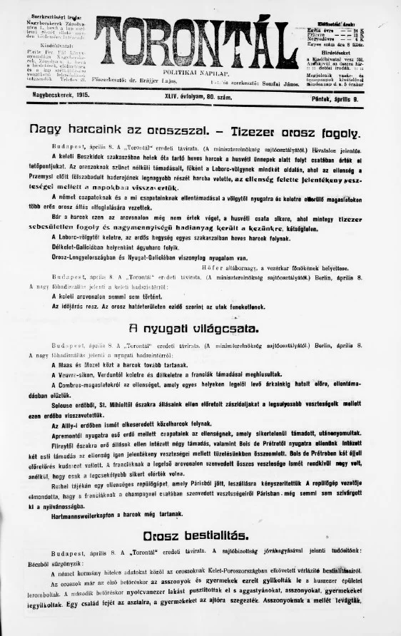 Torontál, 44. évf. 1915. április 9. 80. sz.