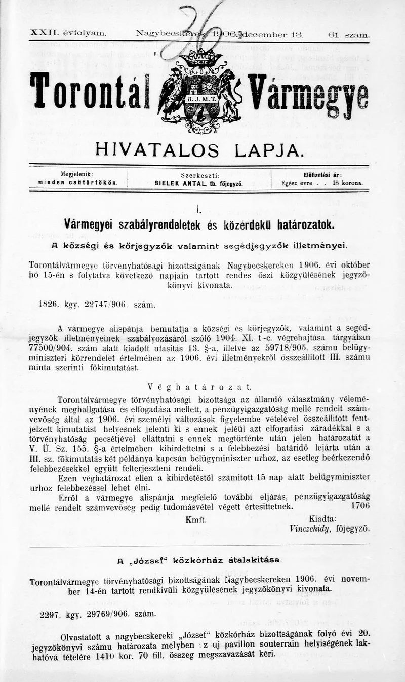Torontál Vármegye Hivatalos Lapja, 22. évf. 1906. december 13. 61. sz.