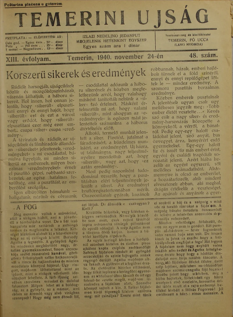 Temerini Újság 1928-1944, 13. évf. 1940. november 24. 48. sz.