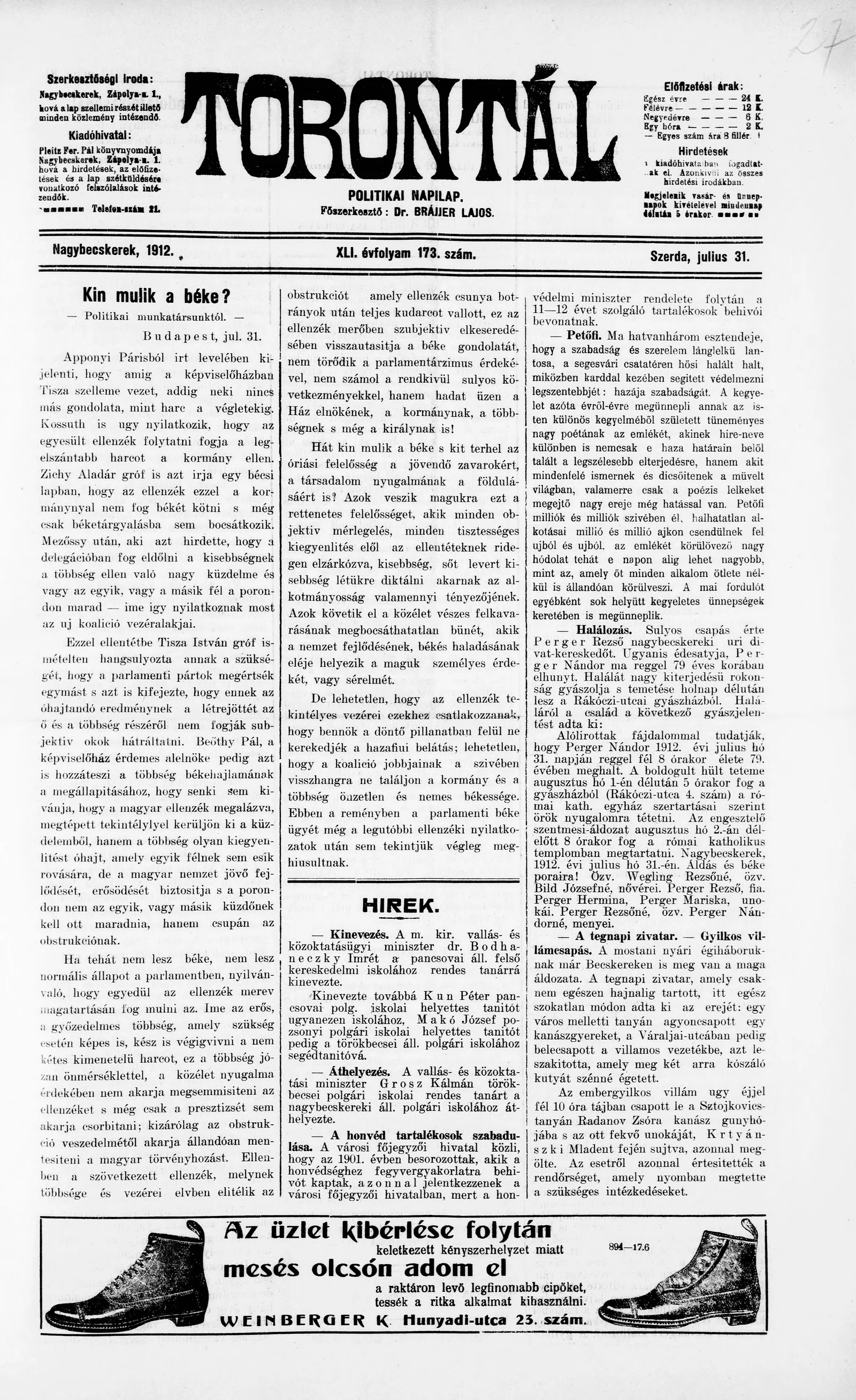 Torontál, 41. évf. 1912. július 31. 173. sz.