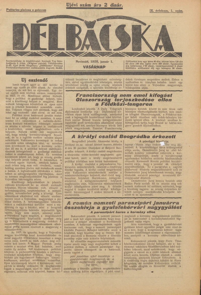 Délbácska, 9. évf. 1928. január 1. 1. sz.