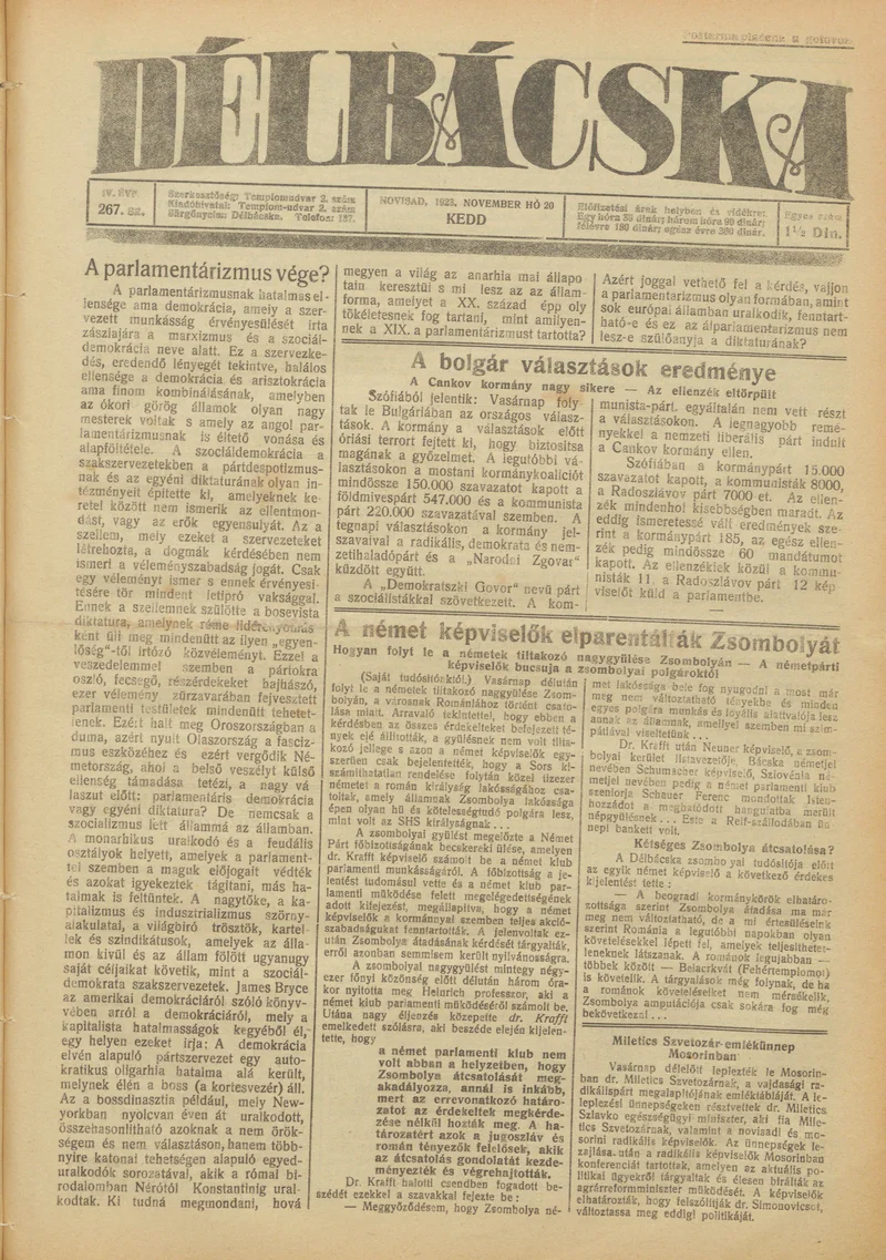 Délbácska, 4. évf. 1923. november 20. 267. sz.