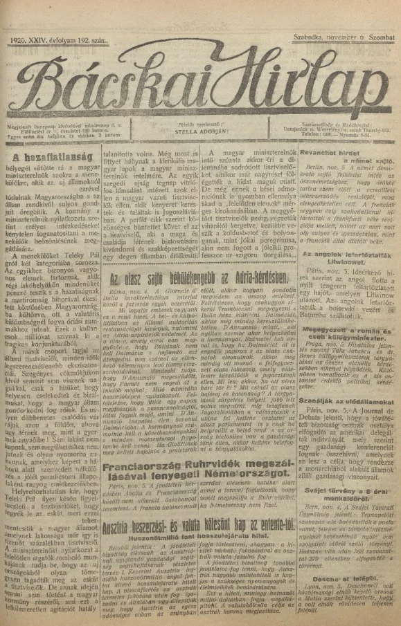 Bácskai Hirlap, 24. évf. 1920. november 6. 192. sz.