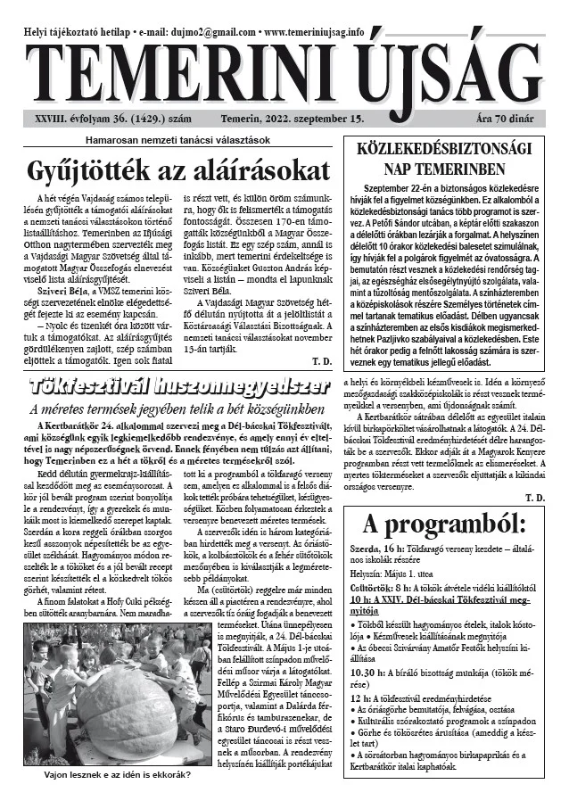 Temerini Újság, 28. évf. 2022. szeptember 15. 36. sz.