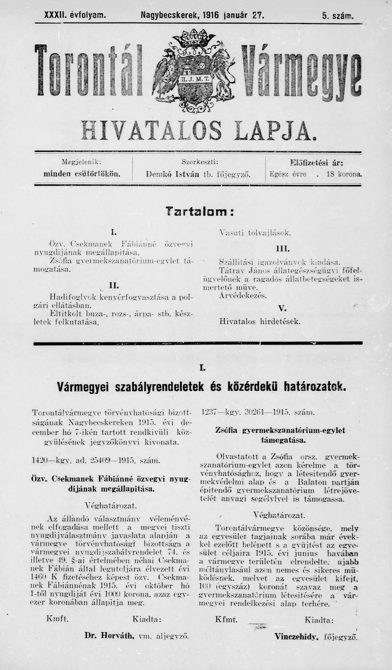 Torontál Vármegye Hivatalos Lapja, 32. évf. 1916. január 27. 5. sz.
