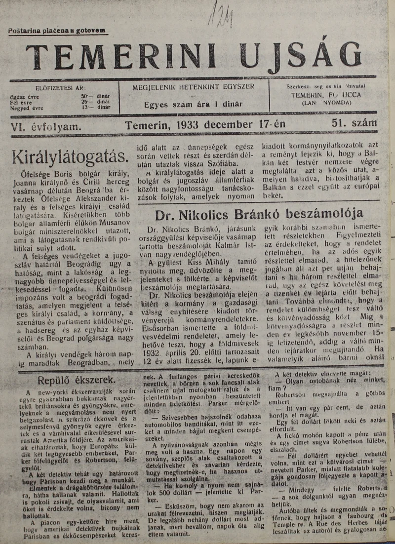 Temerini Újság 1928-1944, 6. évf. 1933. december 17. 51. sz.