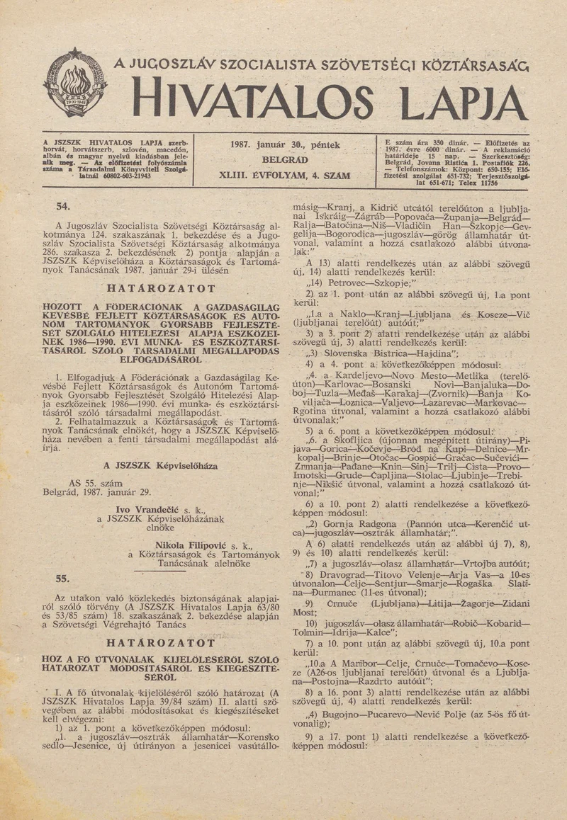 A Jugoszláv Szocialista Szövetségi Köztársaság Hivatalos Lapja, 43. évf. 1987. január 30. 4. sz. 105–144. oldal