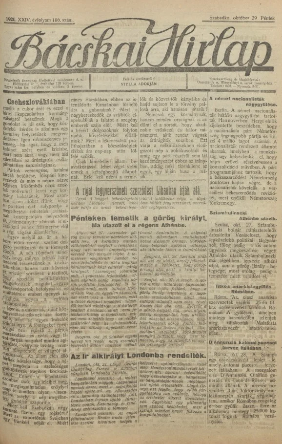 Bácskai Hirlap, 24. évf. 1920. október 29. 186. sz.