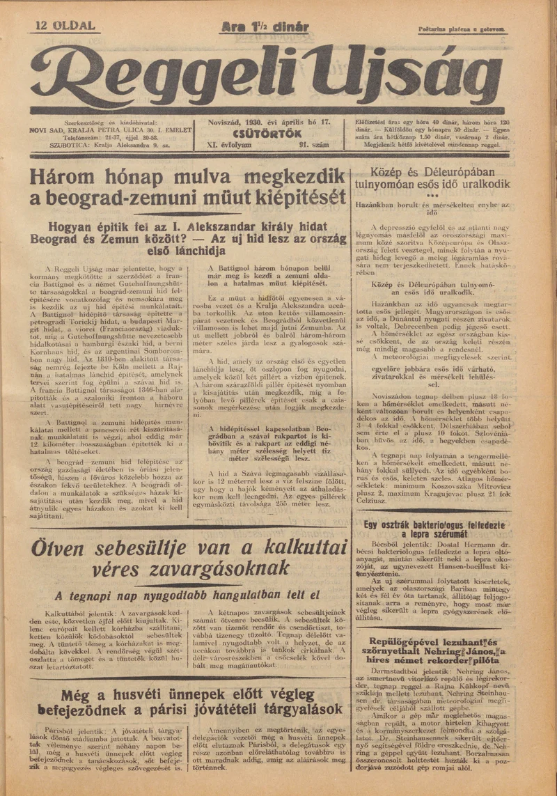 Reggeli Újság, 11. évf. 1930. április 17. 91. sz.