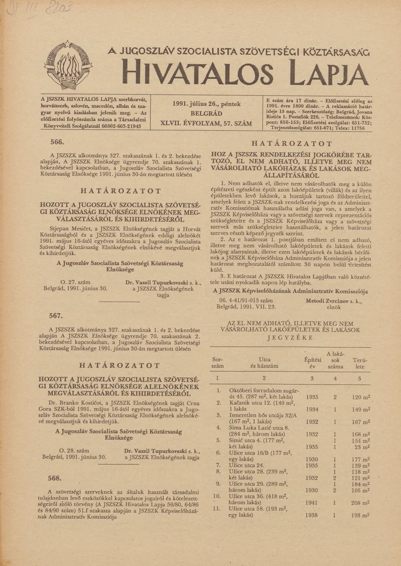 A Jugoszláv Szocialista Szövetségi Köztársaság Hivatalos Lapja, 47. évf. 1991. július 26. 57. sz. 873–892. oldal