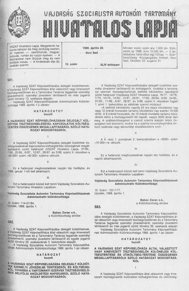 Vajdaság Szocialista Autonóm Tartomány Hivatalos Lapja, 44. évf. 1988. április 22. 10. sz.