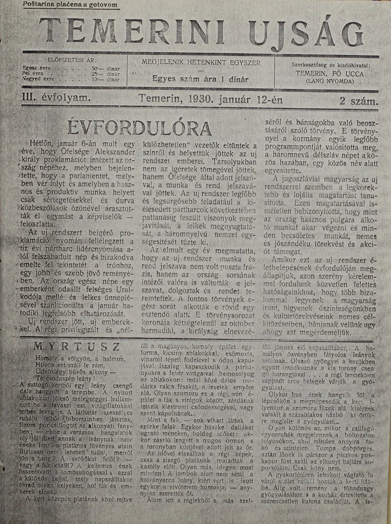 Temerini Újság 1928-1944, 3. évf. 1930. január 12. 2. sz.