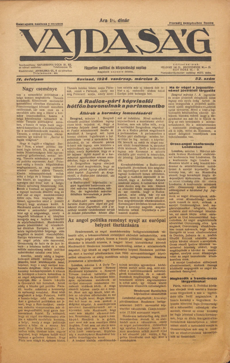 Vajdaság, 4. évf. 1924. március 2. 52. sz.