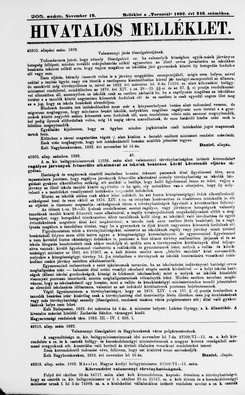 A Totontál  hivatalos melléklete, 5. évf. 1892. november 19. 205. sz.