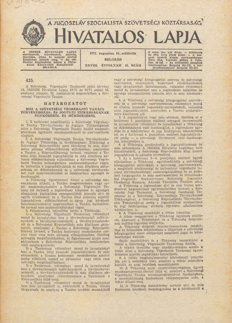 A Jugoszláv Szocialista Szövetségi Köztársaság Hivatalos Lapja, 28. évf. 1972. augusztus 24. 43. sz. 865–868. oldal
