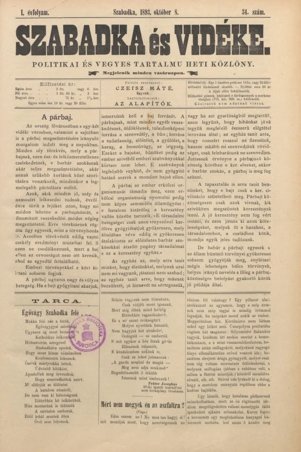 Szabadka és vidéke II, 1. évf. 1893. október 8. 34. sz.