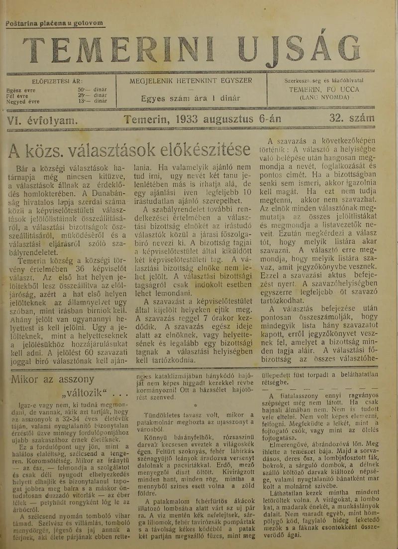 Temerini Újság 1928-1944, 6. évf. 1933. augusztus 6. 32. sz.