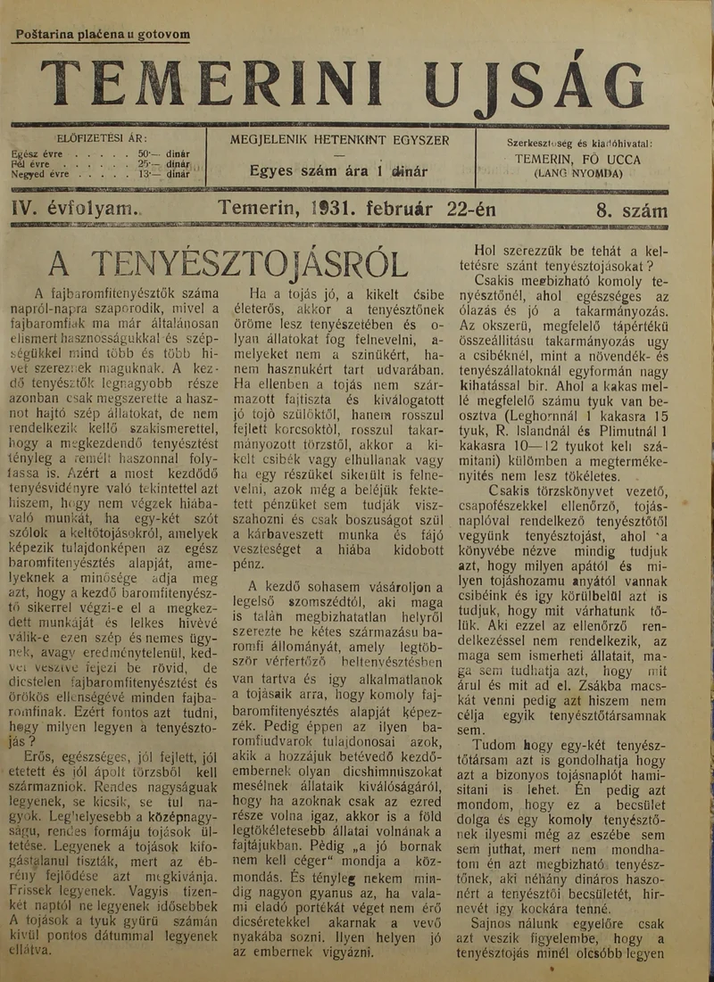 Temerini Újság 1928-1944, 4. évf. 1931. február 22. 8. sz.