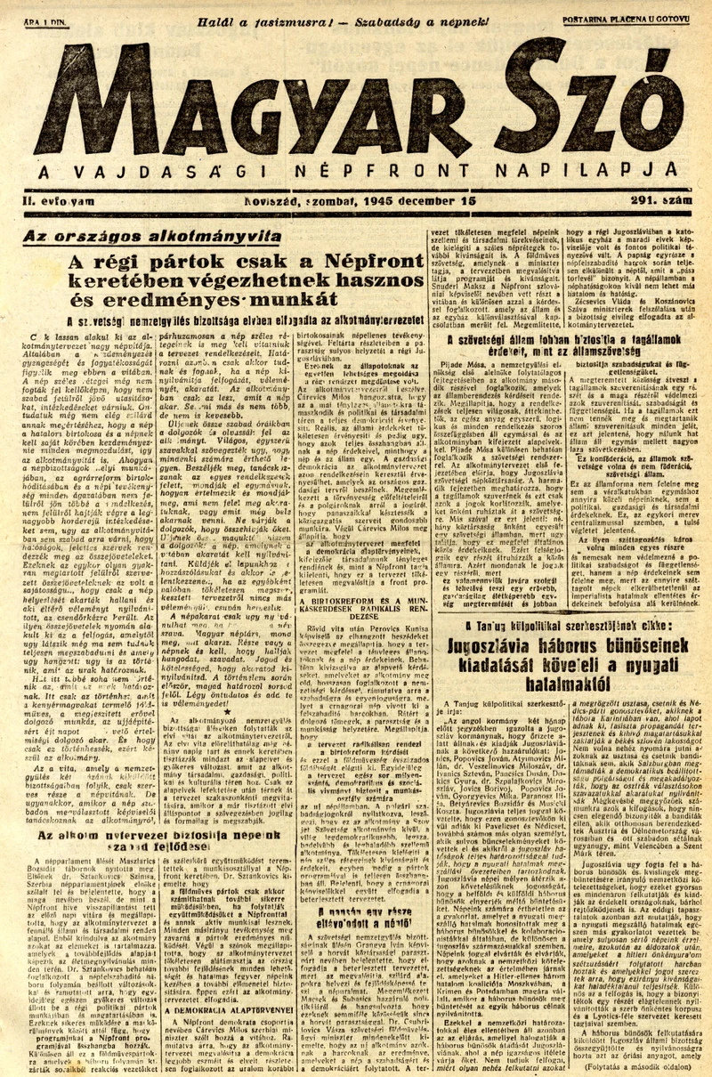 Magyar Szó, 2. évf. 1945. december 15. 291. sz. 1–4. oldal