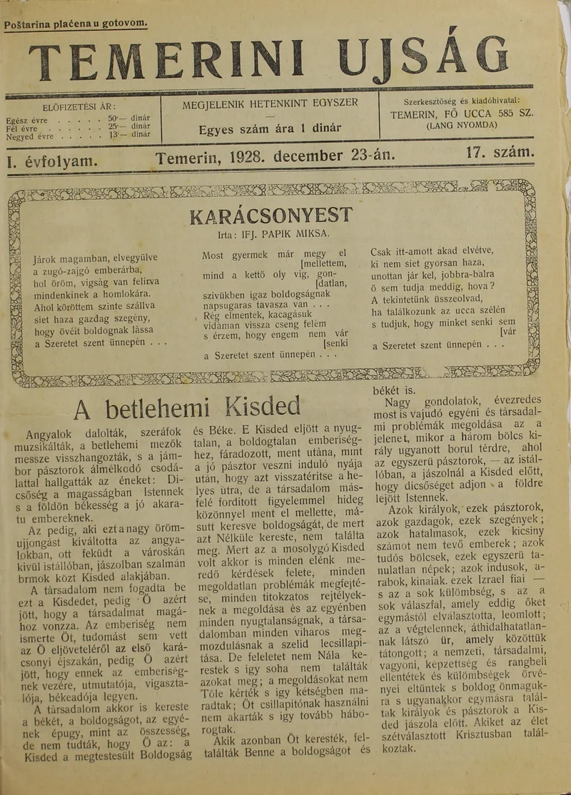Temerini Újság 1928-1944, 1. évf. 1928. december 23. 17. sz.