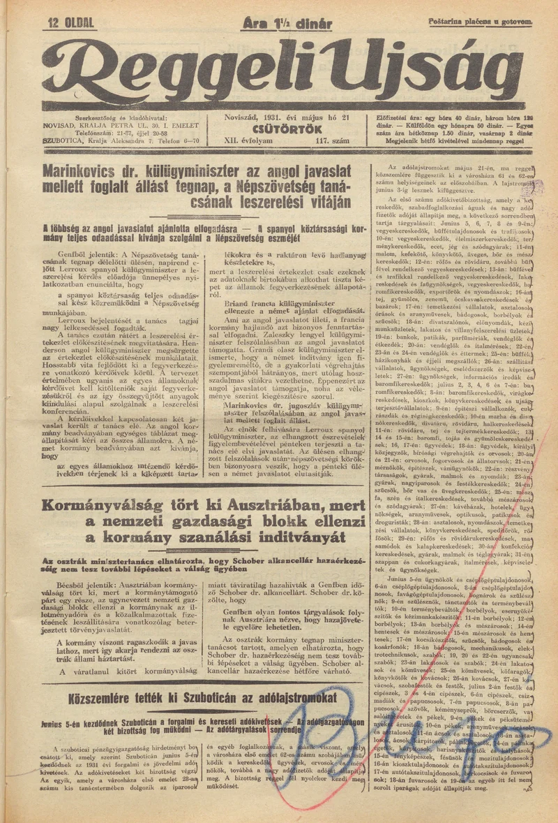 Reggeli Újság, 12. évf. 1931. május 21. 117. sz.