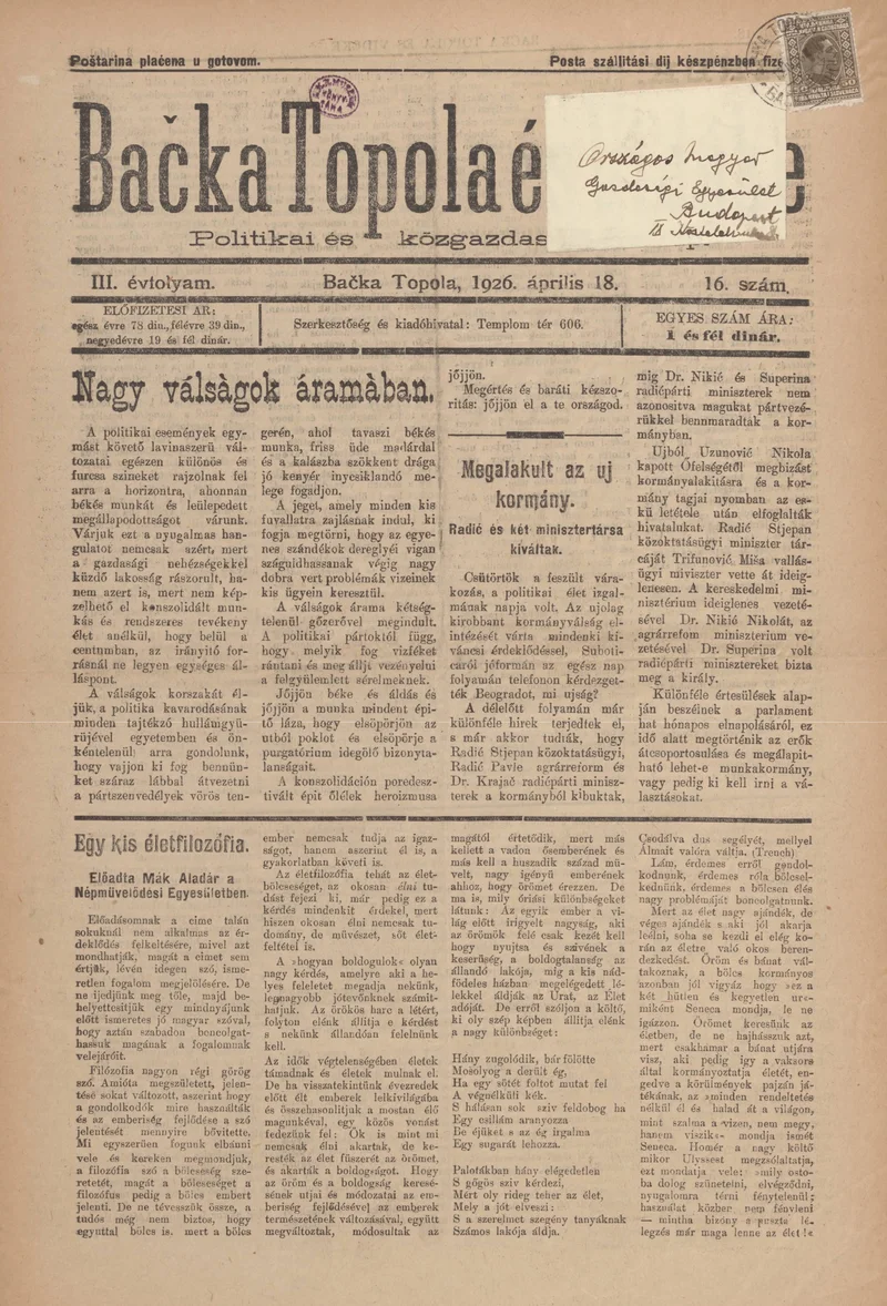 Bačka Topola és Vidéke, 3. évf. 1926. április 18. 16. sz.