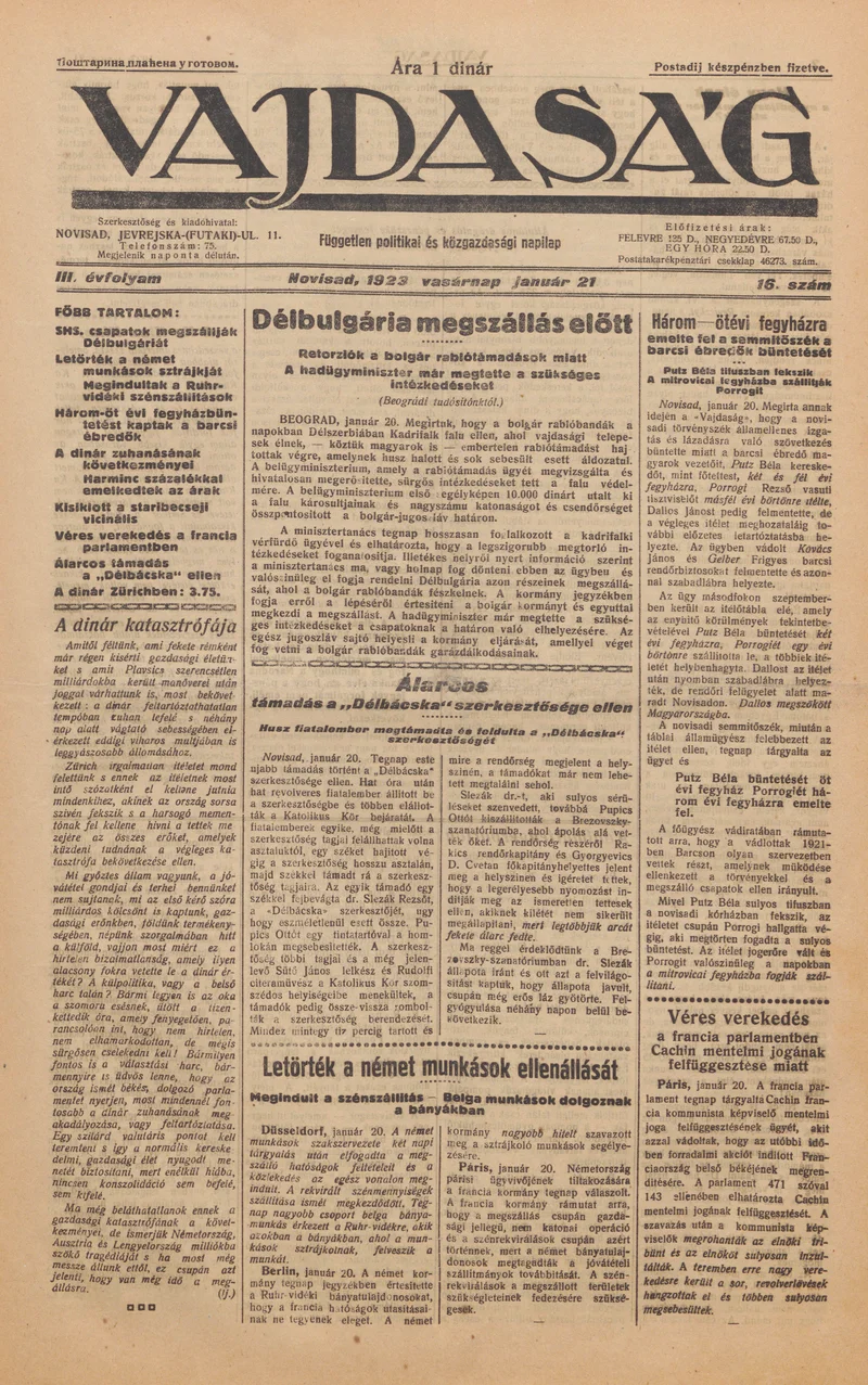 Vajdaság, 3. évf. 1923. január 21. 16. sz.