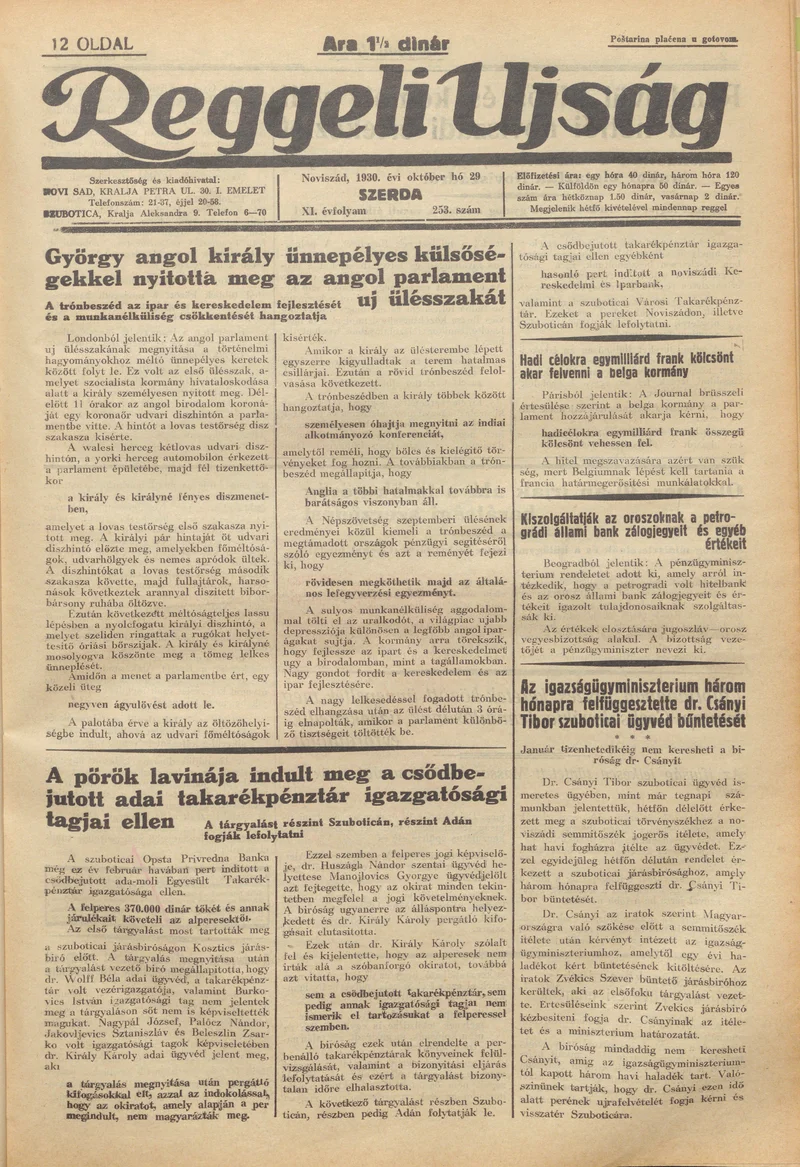 Reggeli Újság, 11. évf. 1930. október 29. 253. sz.