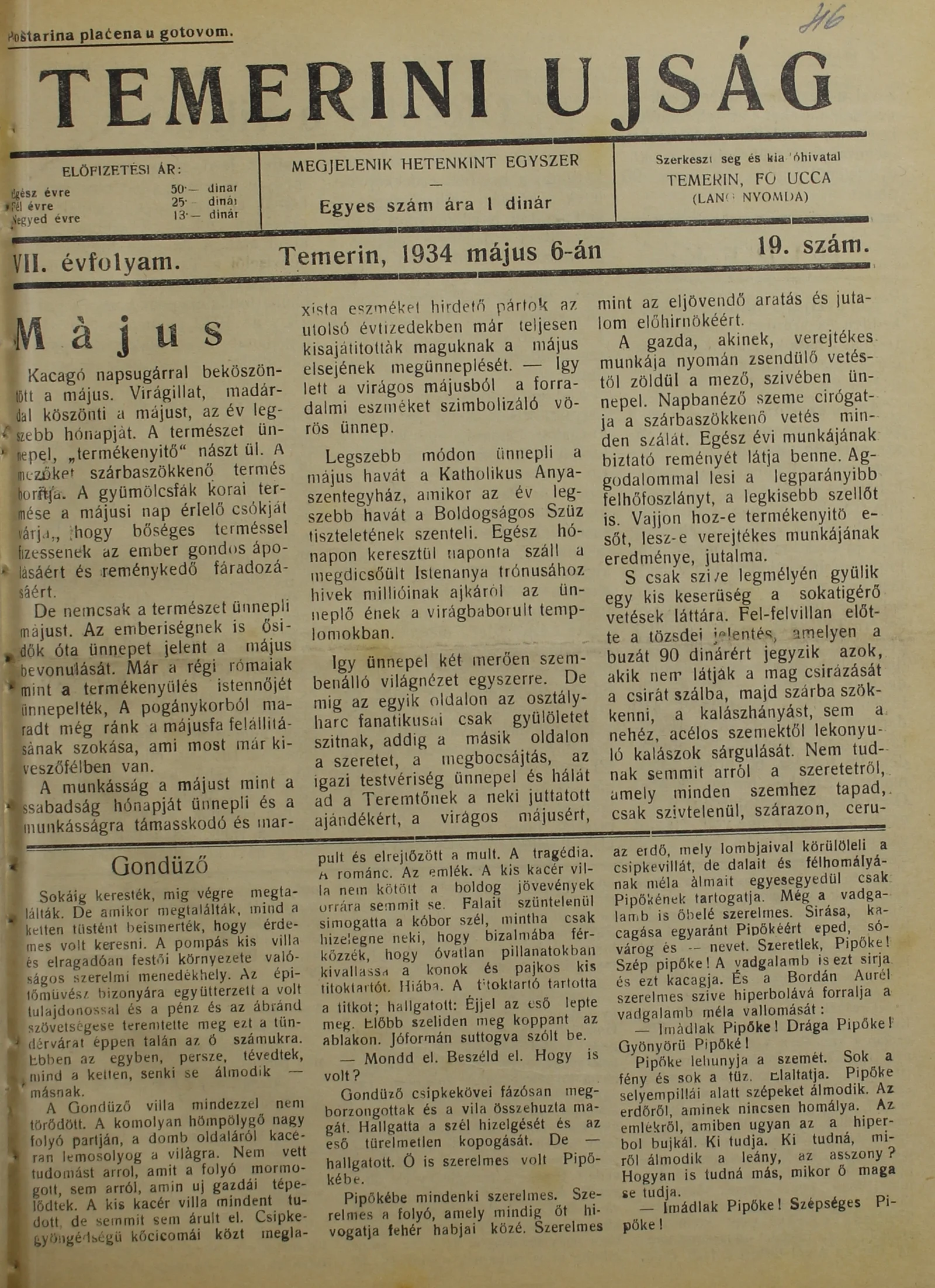 Temerini Újság 1928-1944, 7. évf. 1934. május 6. 19. sz.