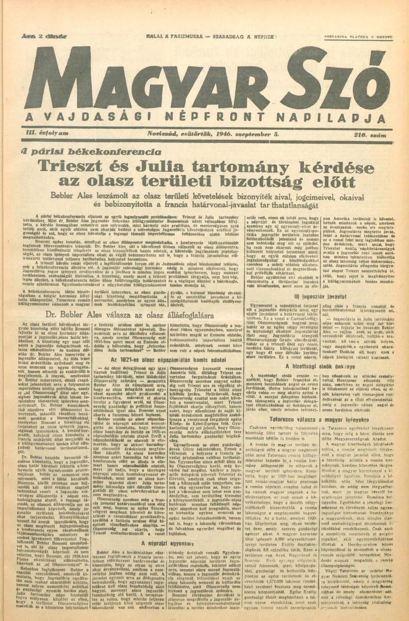 Magyar Szó, 3. évf. 1946. szeptember 5. 210. sz. 1–6. oldal