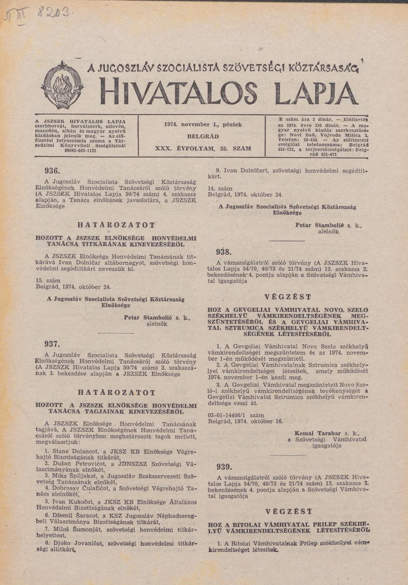 A Jugoszláv Szocialista Szövetségi Köztársaság Hivatalos Lapja, 30. évf. 1974. november 1. 55. sz. 1745–1756. oldal
