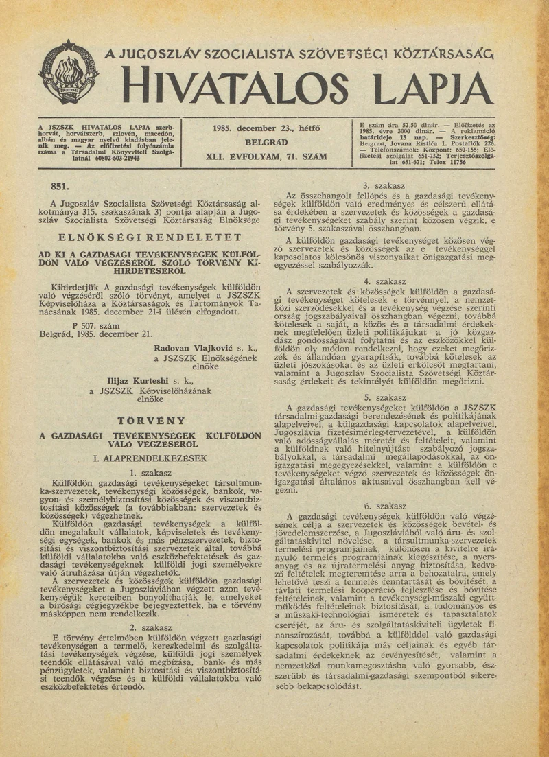 A Jugoszláv Szocialista Szövetségi Köztársaság Hivatalos Lapja, 41. évf. 1985. december 23. 71. sz. 1969–1996. oldal