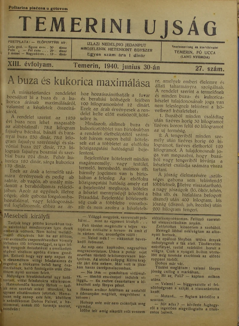 Temerini Újság 1928-1944, 13. évf. 1940. június 30. 27. sz.