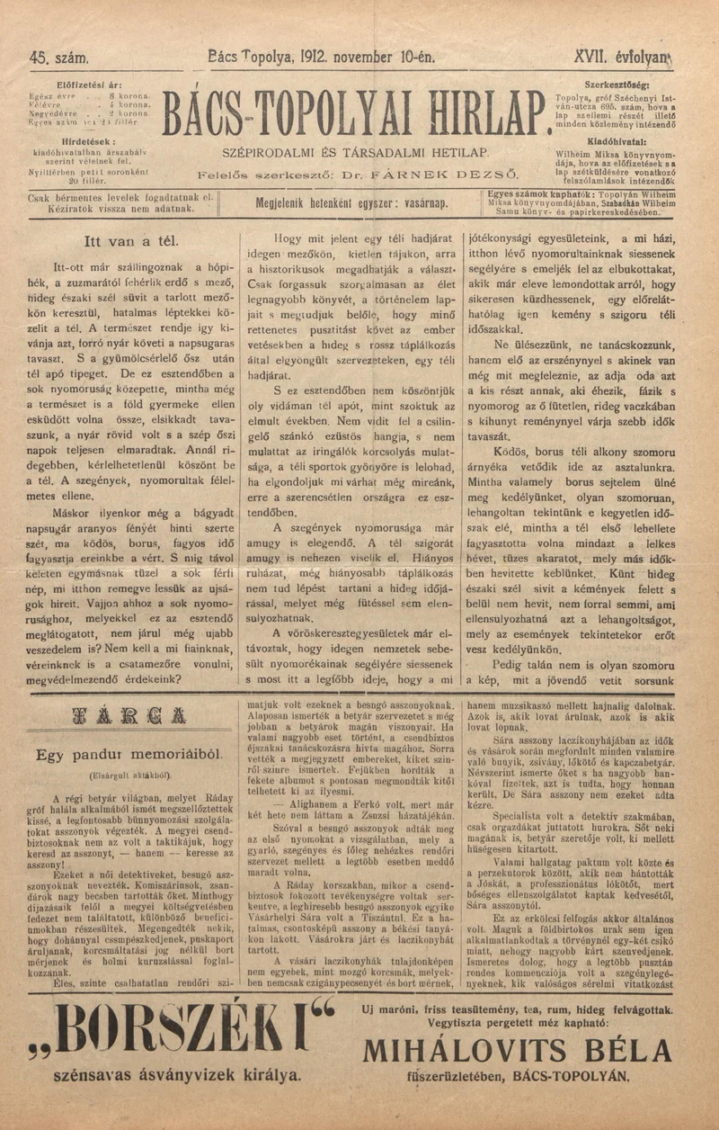 Bács-Topolyai Hirlap, 17. évf. 1912. november 10. 45. sz.
