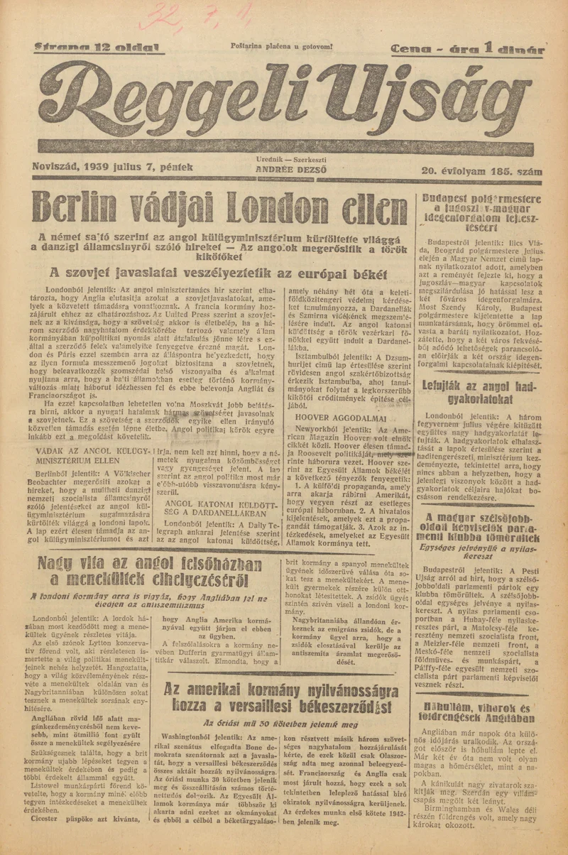 Reggeli Újság, 20. évf. 1939. július 7. 185. sz.