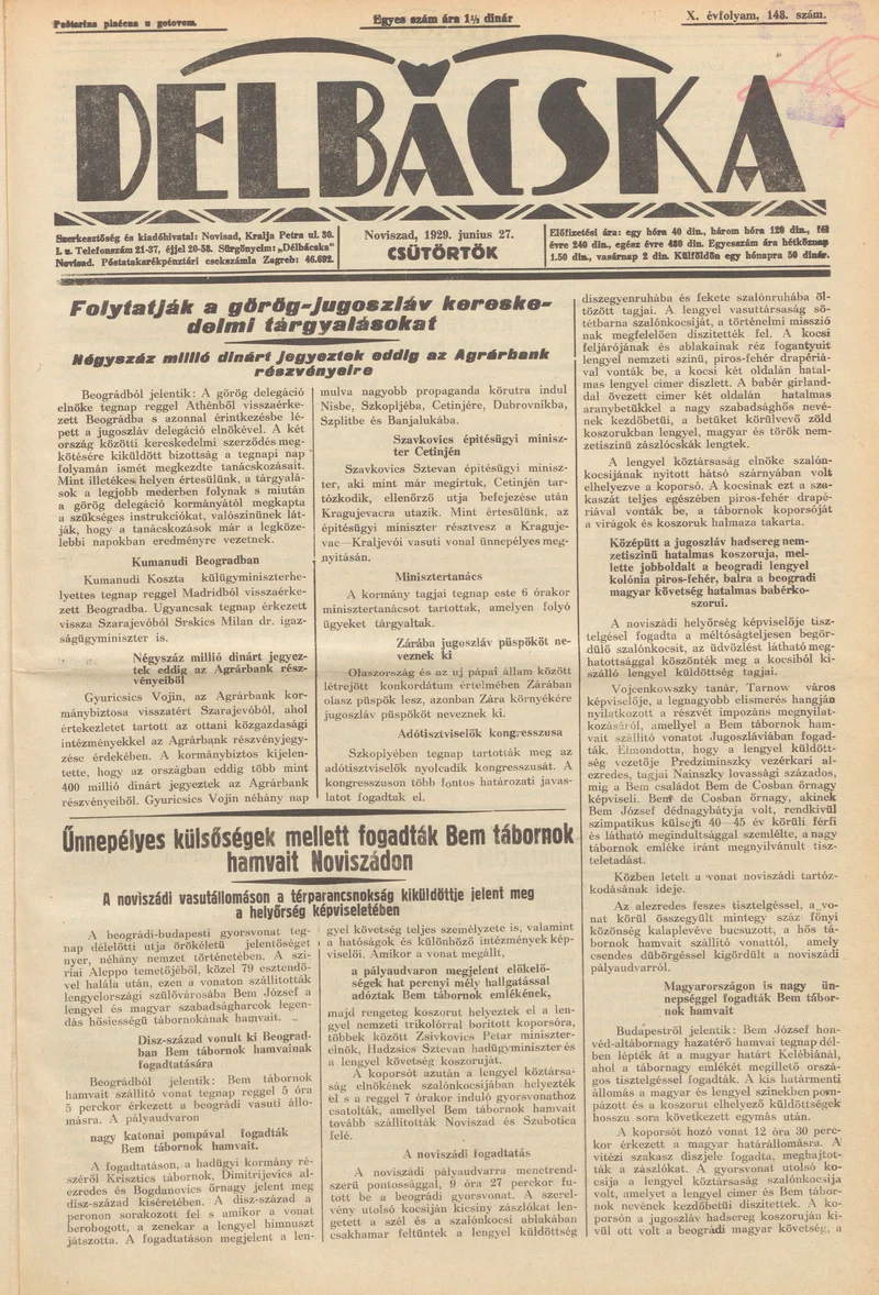 Délbácska, 10. évf. 1929. június 27. 148. sz.