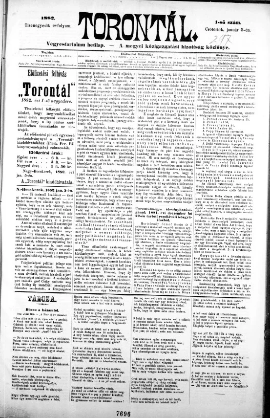 Torontál, 11. évf. 1882. január 5. 1. sz.