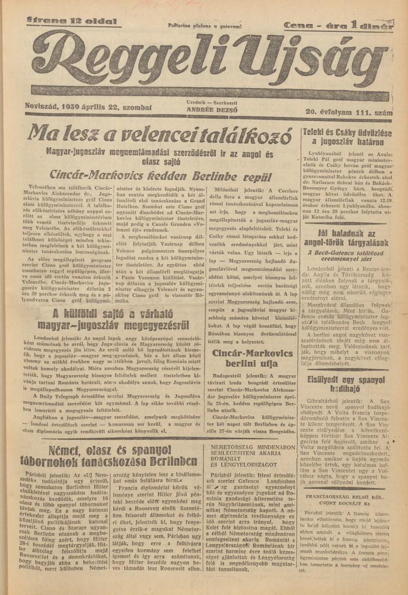 Reggeli Újság, 20. évf. 1939. április 22. 111. sz.