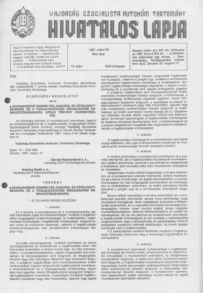 Vajdaság Szocialista Autonóm Tartomány Hivatalos Lapja, 43. évf. 1987. május 25. 13. sz.
