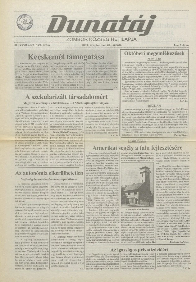Dunatáj, 3. évf. 2001. szeptember 26. 129. sz.