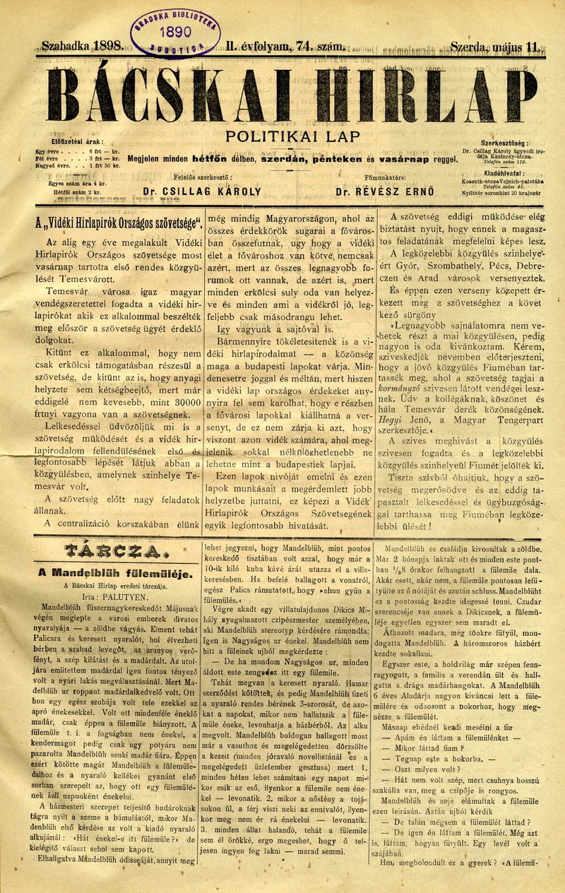Bácskai Hirlap, 2. évf. 1898. május 11. 74. sz. 1–4. oldal
