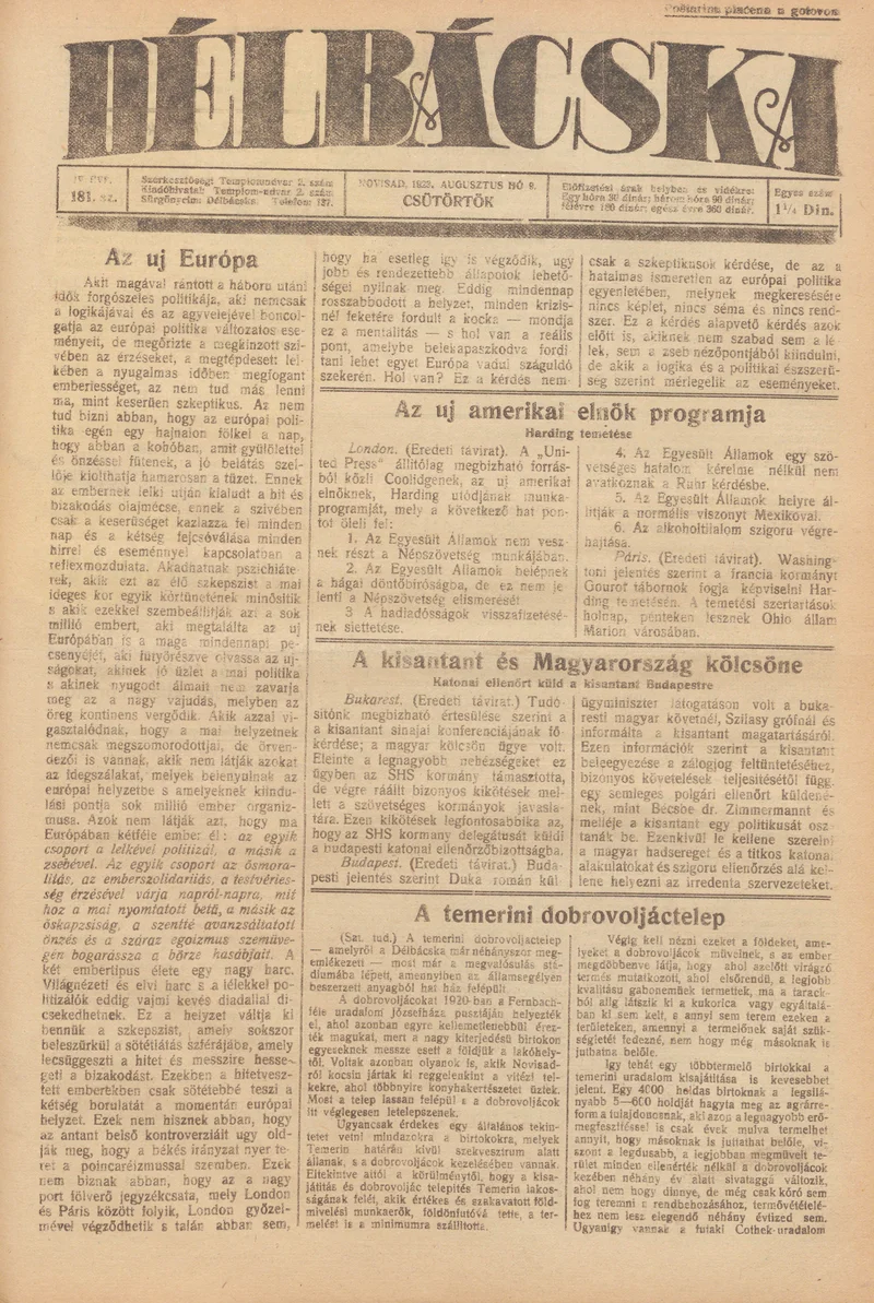 Délbácska, 4. évf. 1923. augusztus 9. 181. sz.