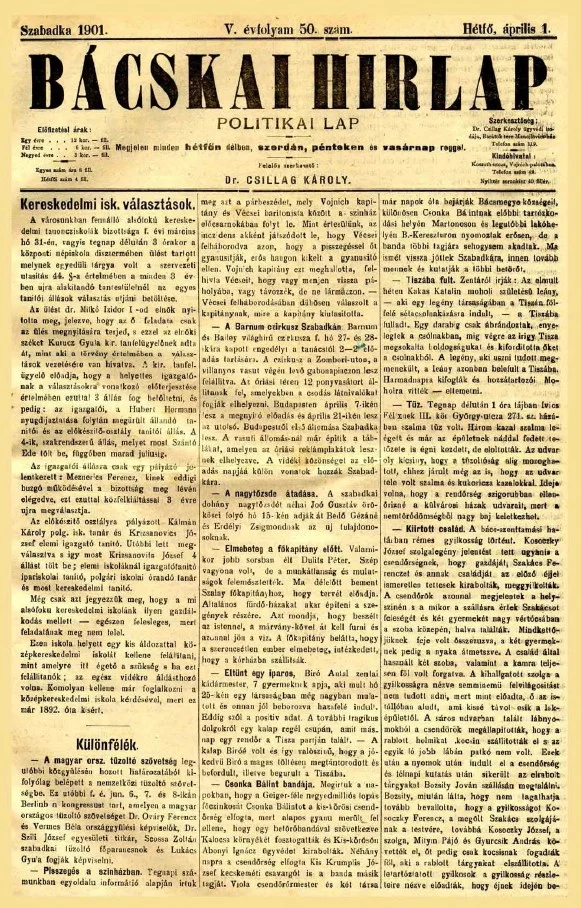 Bácskai Hirlap, 5. évf. 1901. április 1. 50. sz.