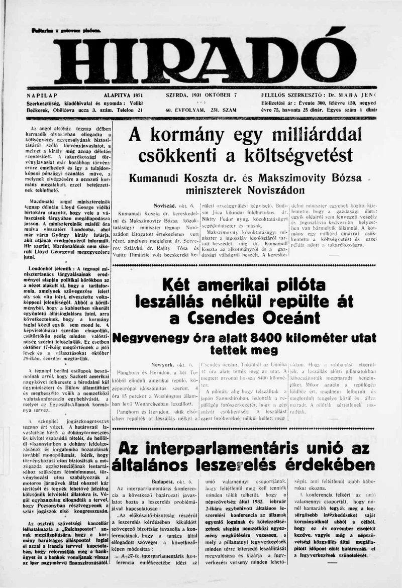 Híradó, 60. évf. 1931. október 7. 231. sz.