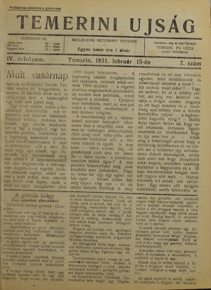 Temerini Újság 1928-1944, 4. évf. 1931. február 15. 7. sz.