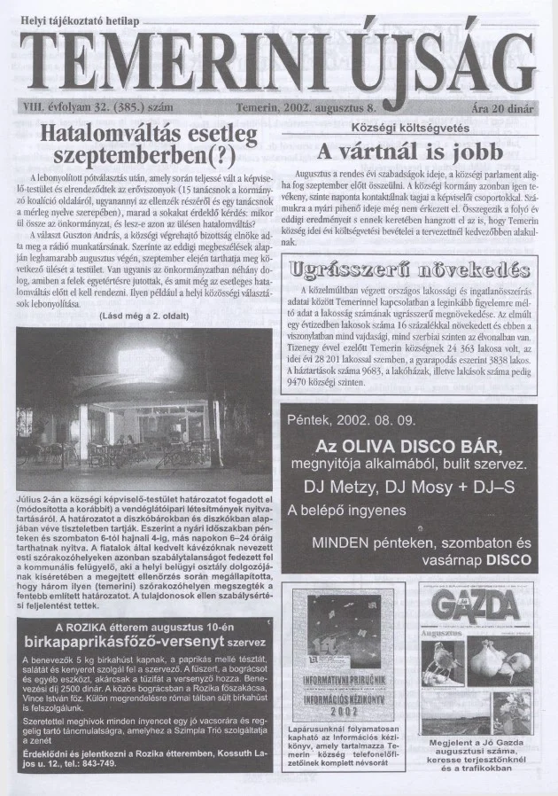 Temerini Újság, 8. évf. 2002. augusztus 8. 32. sz.