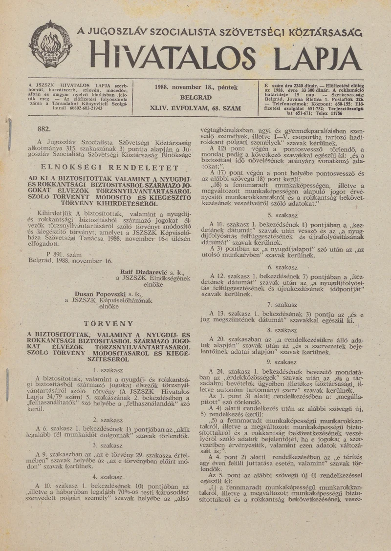A Jugoszláv Szocialista Szövetségi Köztársaság Hivatalos Lapja, 44. évf. 1988. november 18. 68. sz. 1705–1760. oldal