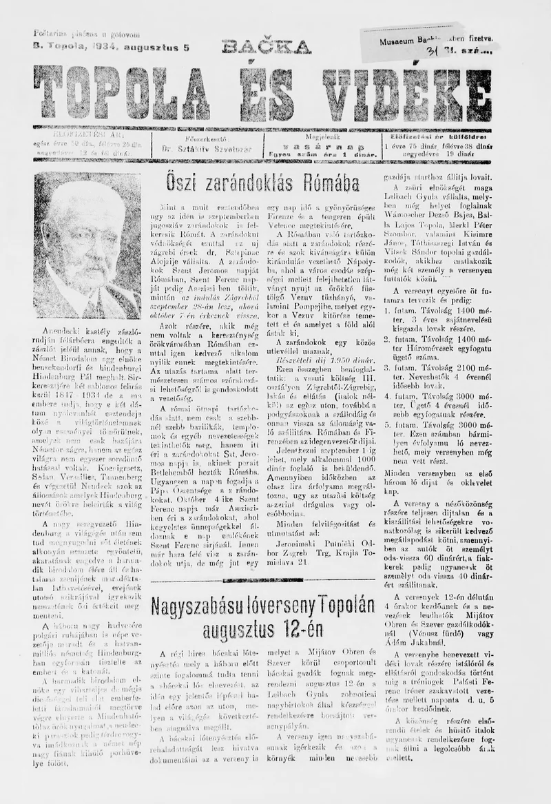 Bačka Topola és Vidéke, 11. évf. 1934. augusztus 5. 31. sz.