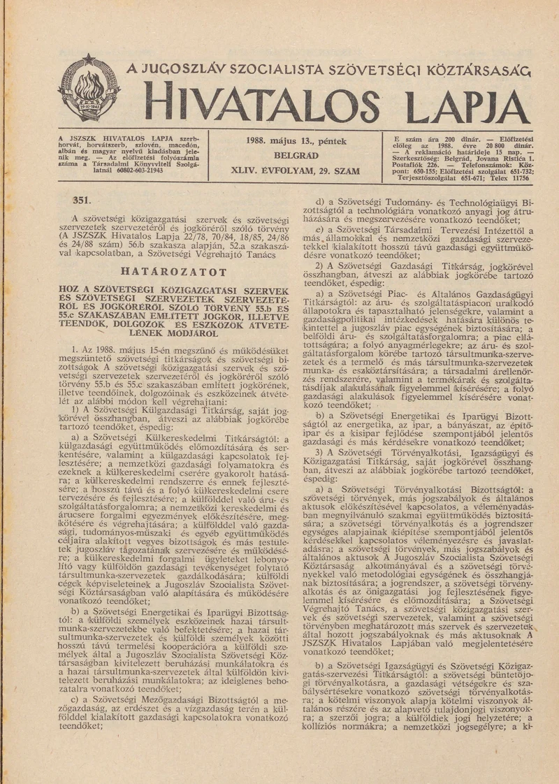 A Jugoszláv Szocialista Szövetségi Köztársaság Hivatalos Lapja, 44. évf. 1988. május 13. 29. sz. 809–816. oldal